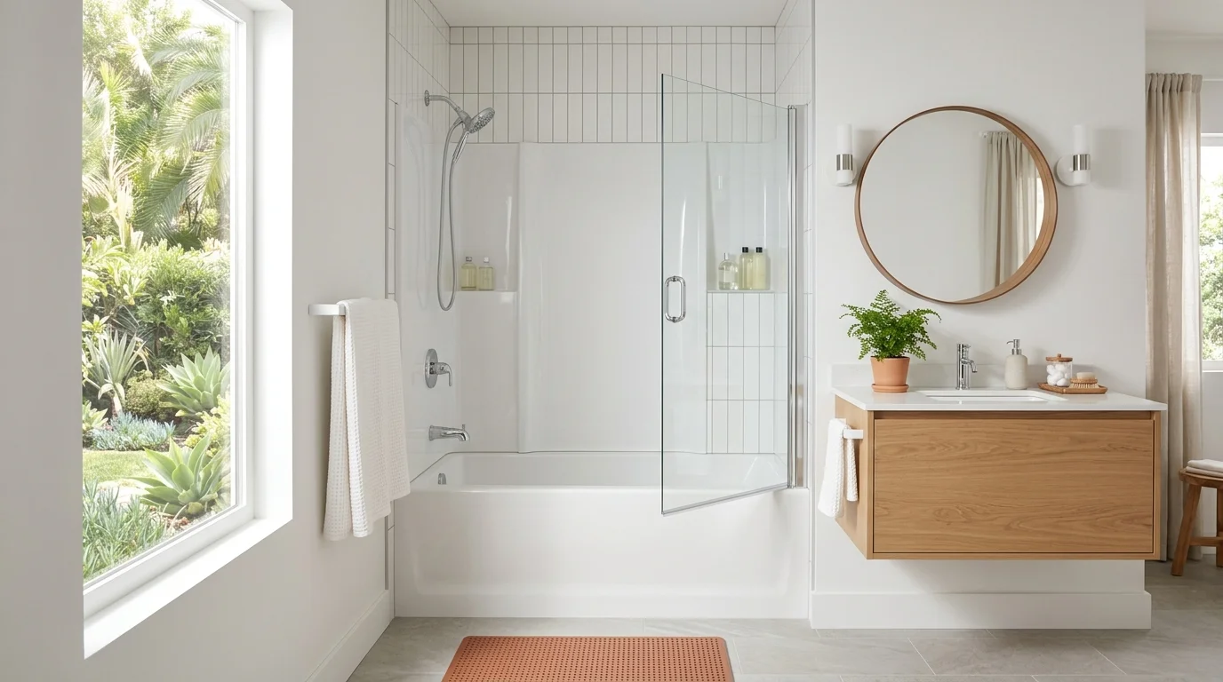 Finished acrylic tub and shower surround in a bright residential bathroom