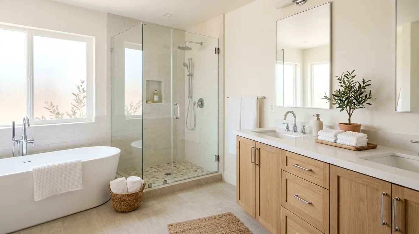 Freshly finished San Diego primary bathroom staged for sale with neutral tile and daylight