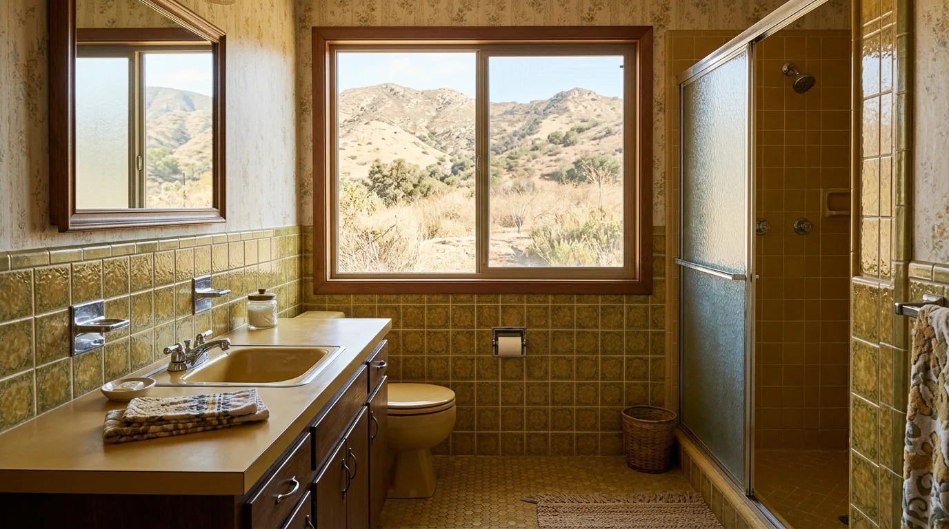 1970s Escondido ranch bathroom with dated tile, chrome fixtures, and a window to inland hills