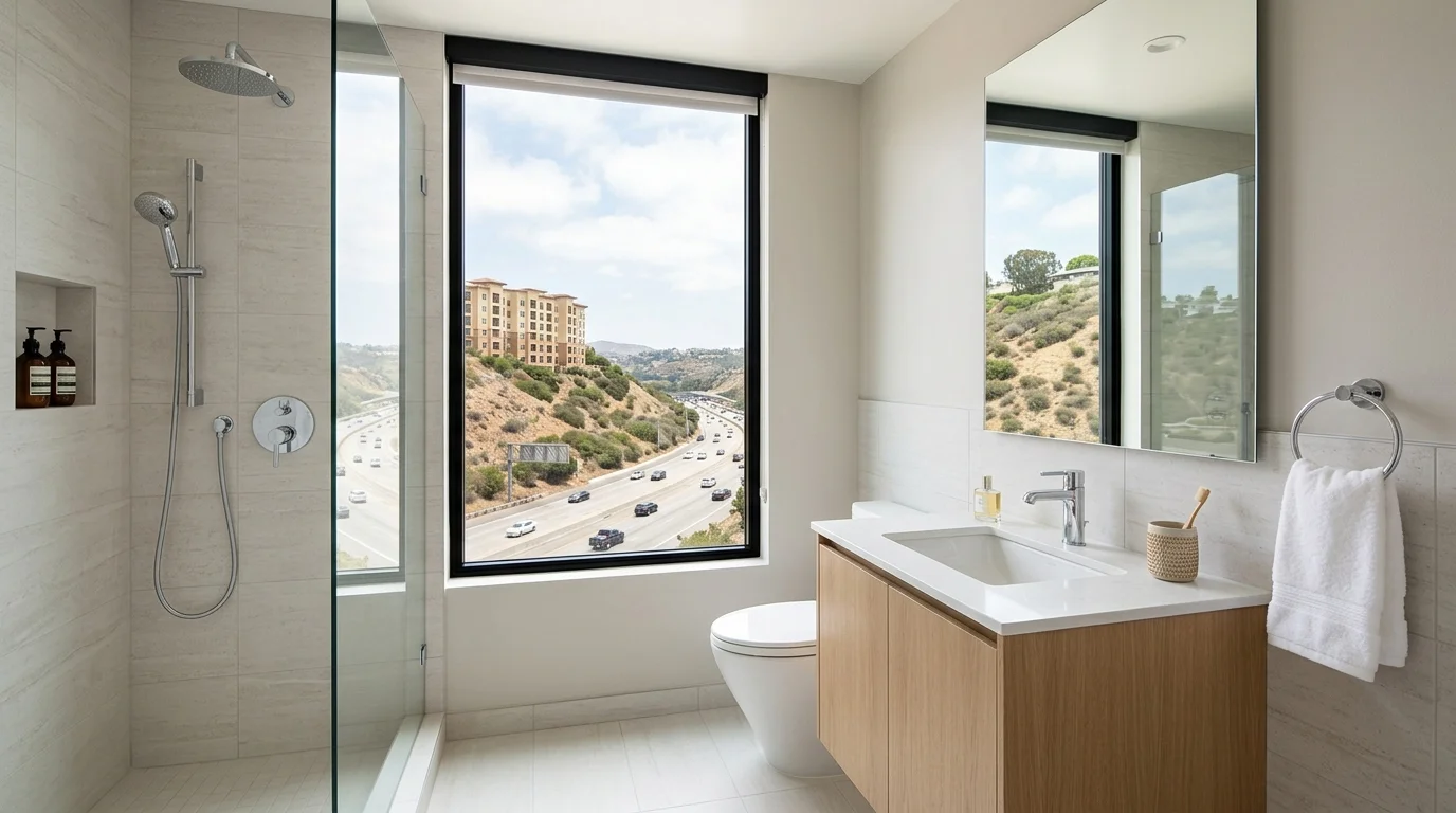 Compact condo bathroom with light tile and a frameless shower, window looking toward a Mission Valley hillside and mid-rise buildings