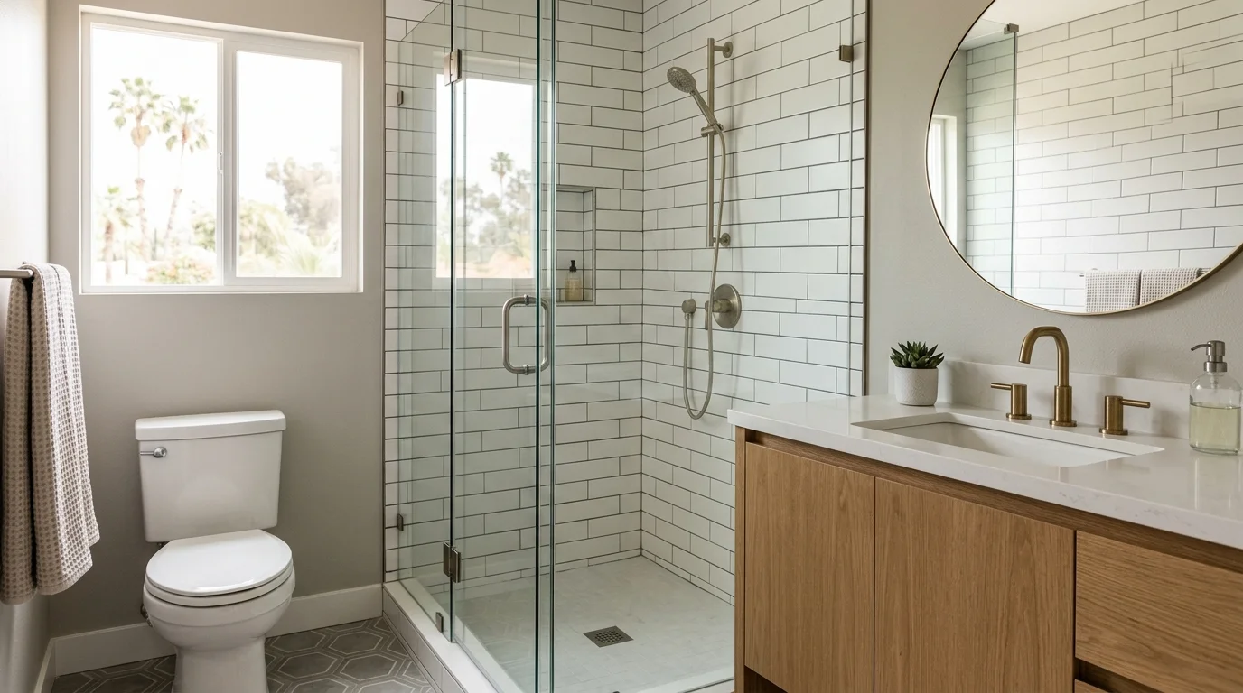 Finished Southern California bathroom with a tile shower and vanity