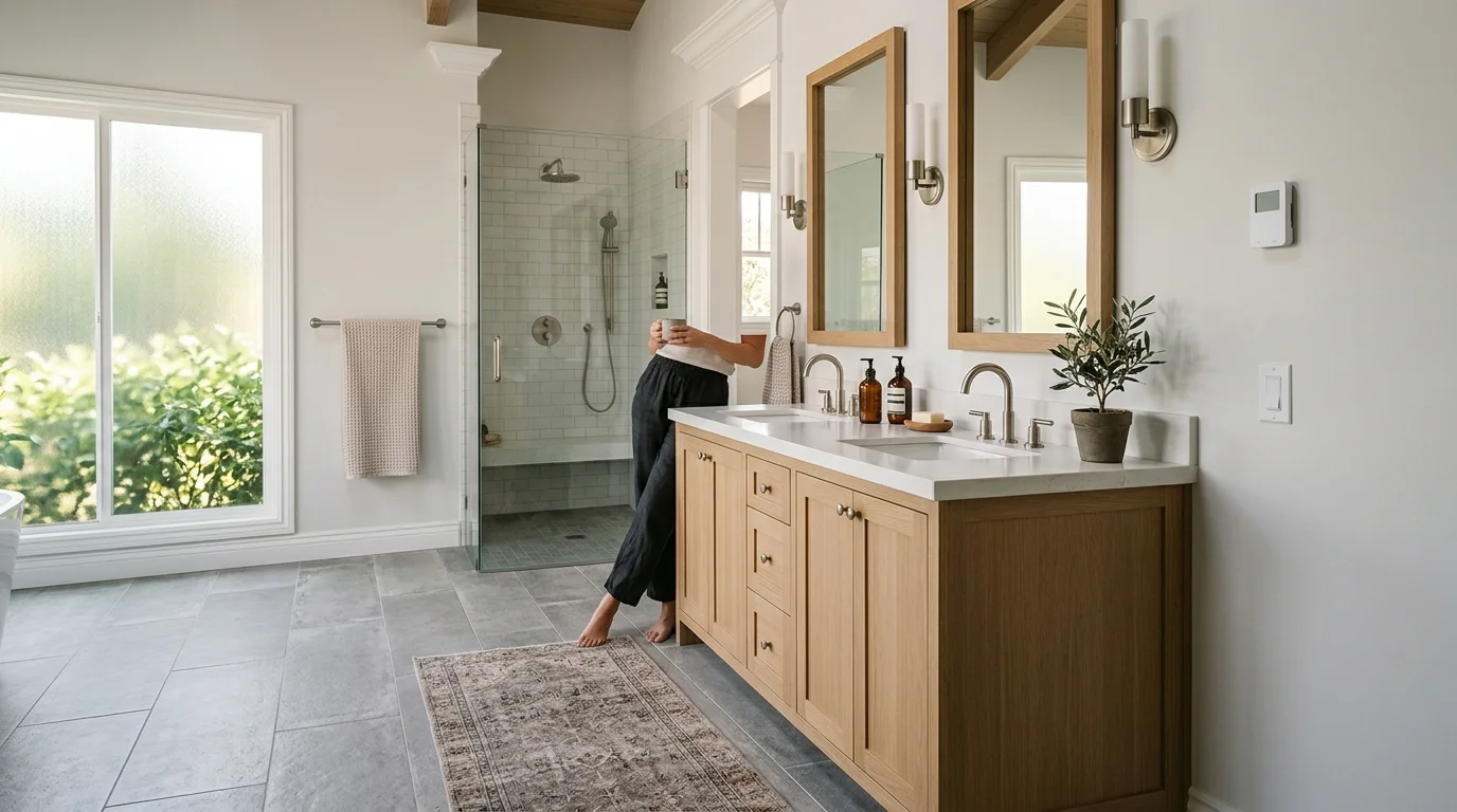 Finished San Diego bathroom with large-format tile floor, morning light, and a wall heat control