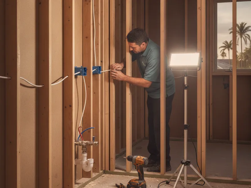 Electrician wiring vanity sconces and a GFCI outlet during a San Diego bathroom remodel rough-in