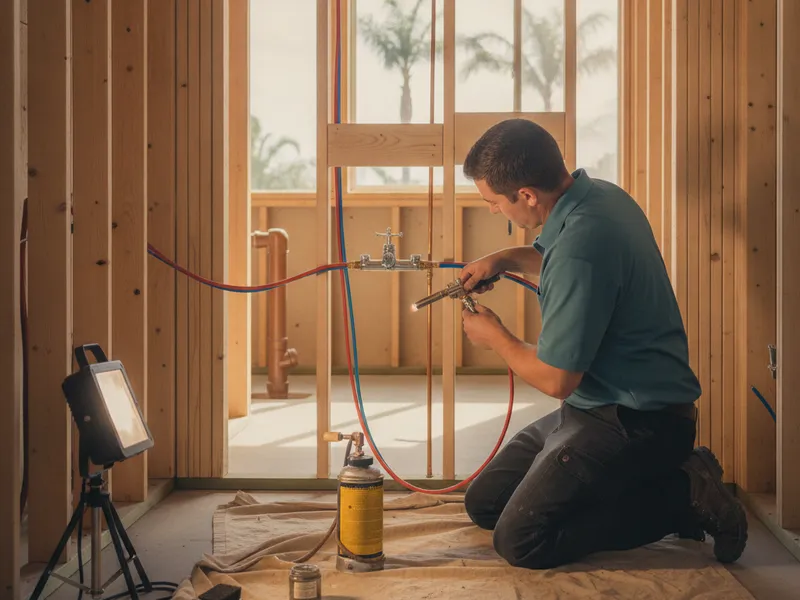 Plumber installing new PEX supply lines and a pressure-balancing valve in a San Diego bath rough-in