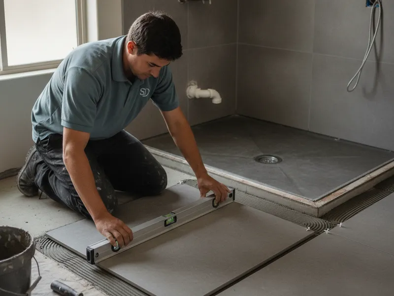 Large-format porcelain tile being installed on a San Diego bathroom floor with a heated floor mat below