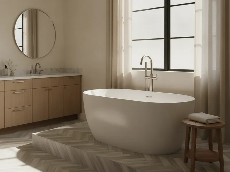 New freestanding soaking tub installed against a tile feature wall in a San Diego master bath