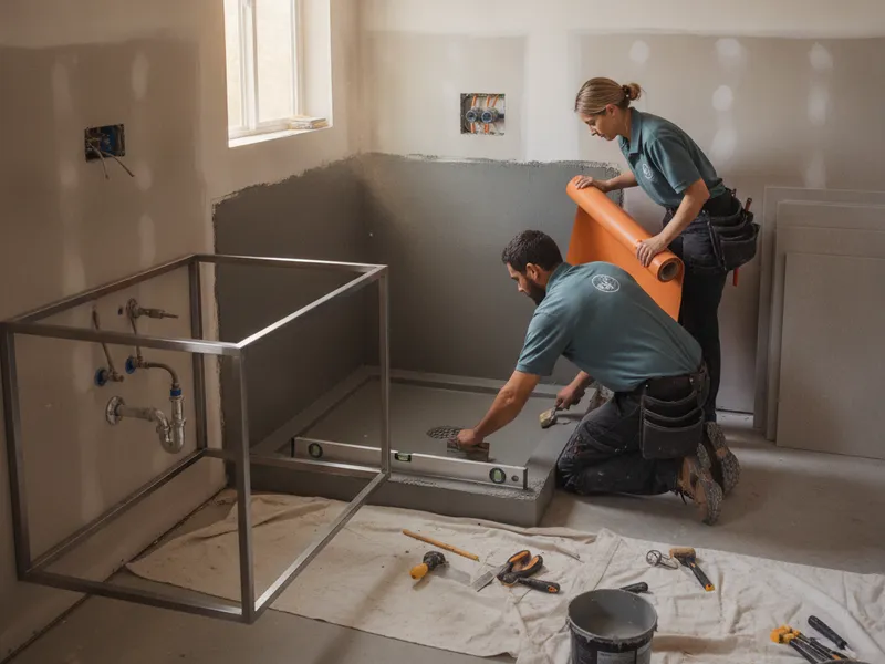 Crew installing large-format porcelain tile and a floating vanity in a San Diego full bathroom remodel