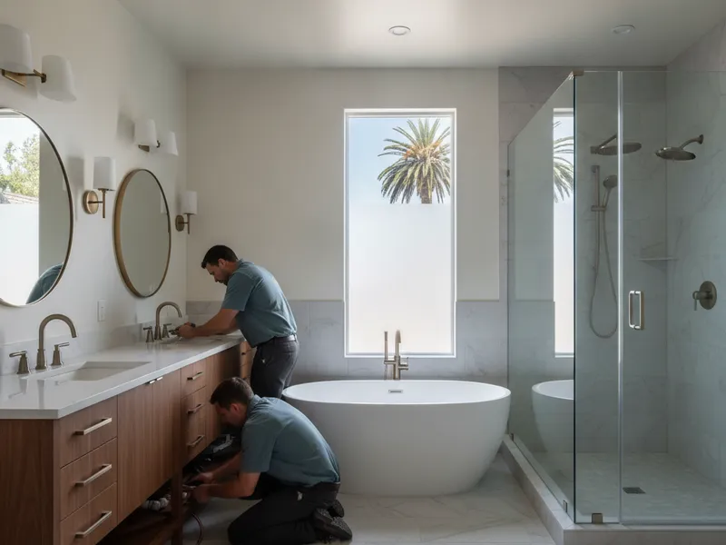 Master bathroom remodel with a freestanding tub, frameless glass shower, and a double vanity in San Diego