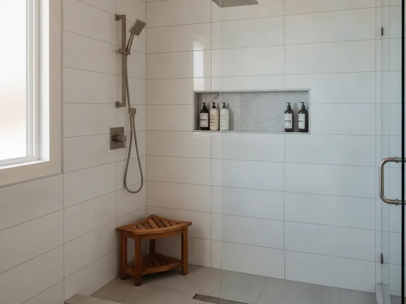 Tile walk-in shower with frameless glass and brushed-nickel fixtures in a San Diego remodel
