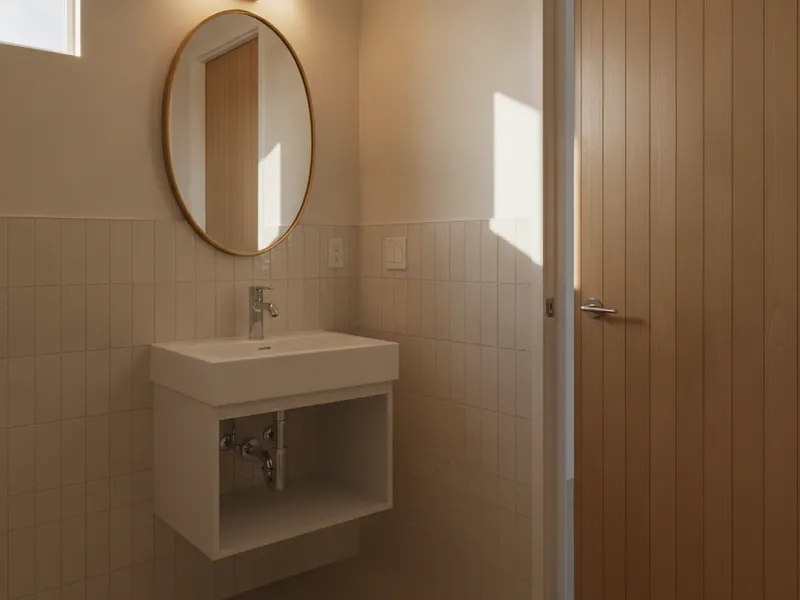 Small powder room remodel with a wall-mount faucet, floating vanity, and large-format light tile in San Diego