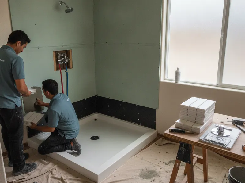 Removed alcove tub replaced with a tiled walk-in shower and frameless glass door in a San Diego bath
