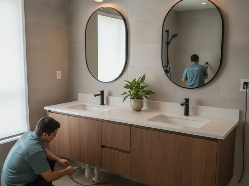 Custom double vanity with quartz counters, undermount sinks, and a framed mirror in a San Diego primary bath