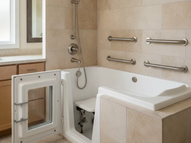 Walk-in tub with a built-in seat, grab bar, and handheld shower wand installed in a San Diego accessibility bath